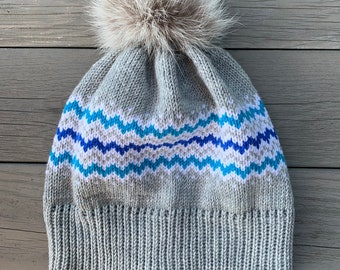 Gray merino wool knitted hat for kids, knit wool hat with real fur pompom, Zig Zag pattern, fair isle kids woolly hat, unisex kids hat