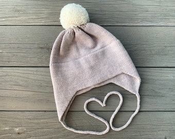 Kids knitted wool winter earflaps hat with PomPom, beige wool hats, knit beige, toddler knit earflap hat, kids earcover hat, baby wool hats