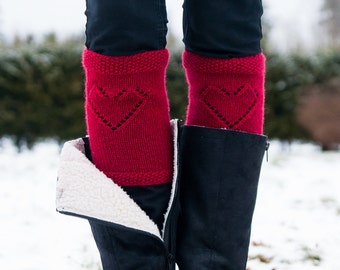 Knitted leg warmers - Womens Red Boot cuffs - red heart lace - Valentines day gifts - READY TO SHIP!