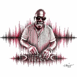 May include: A black and red ink illustration of a smiling person wearing sunglasses and a collared shirt, positioned behind a DJ mixing console. The image is composed of vertical lines that blend into a horizontal sound wave pattern. Signed A. Atkinson 2026.