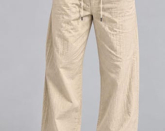 Men's Linen Blend Wide-Leg Trousers: Relaxed Fit, Button Front, Summer Casual Pants