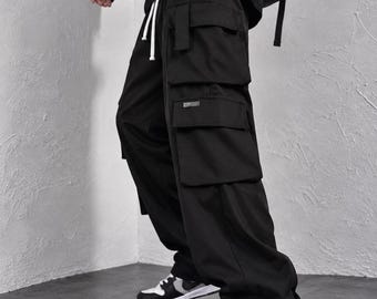 Heren cargobroek, zwart, wijde pijpen, met meerdere zakken, streetwear