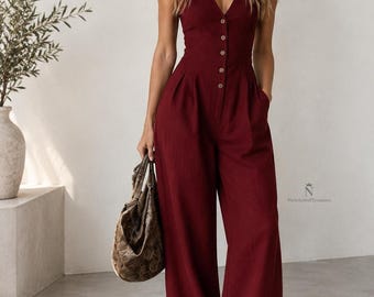 Womens Jumpsuit, Faux Linen Wide Leg Button Front V-Neck