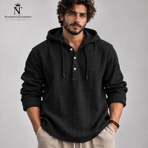 Mens Linen Hoodie, Loose Fit Long Sleeve Pullover with Drawstring Hood