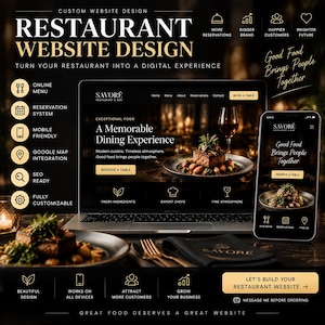 May include: A digital marketing graphic for restaurant website design featuring a laptop and smartphone displaying a Savoré restaurant website. The layout includes text, icons, and images of plated food, with a dark colour scheme and gold accents.