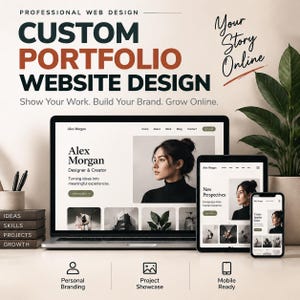May include: A laptop, tablet, and smartphone displaying a custom portfolio website design for Alex Morgan. The screen shows text including Professional Web Design, Custom Portfolio Website Design, Your Story Online, and Show Your Work. Build Your Brand. Grow Online.