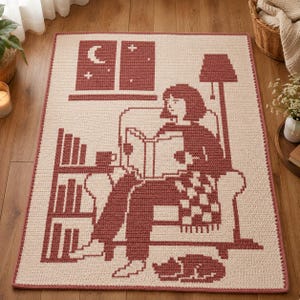 May include: A rectangular crochet rug featuring a two-tone design in cream and dark red. The pattern depicts a person sitting in an armchair reading a book, with a bookshelf, a floor lamp, a window showing a crescent moon, and a cat nearby.