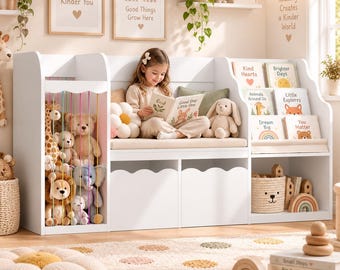 63" Kids Bookshelf with Reading Nook, Toy Storage Organizer, Kids Bookcase, Children’s Reading Bench, Playroom Furniture, White
