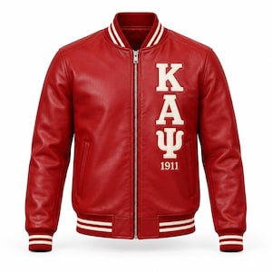 Kappa Alpha Psi Leather Bomber Jacket, Genuine Calf Leather, Red and Cream ΚΑΨ 1911 Embroidery
