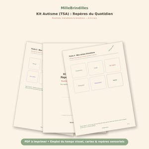 May include: A printable PDF kit titled Kit Autisme (TSA) : Repères du Quotidien, featuring visual schedules, emotion cards, and sensory markers. The pages include Fiche 2 and Fiche 4 with text in French, designed for children aged 6 to 11 years old.