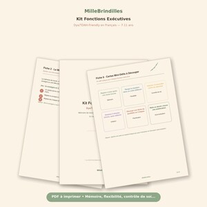May include: A set of printable educational documents titled MilleBrindilles Kit Fonctions Exécutives. The pages feature text in French, including Fiche 2 and Fiche 8, which contains a grid of mini-challenges for children aged 7 to 11 years old.