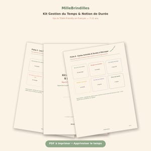 Può includere: Un kit di gestione del tempo stampabile con fogli di attività educative con testo in francese. Le pagine includono Fiche 3 e Fiche 8, che mostrano varie attività quotidiane con le relative durate, organizzate in una griglia con bordi colorati.