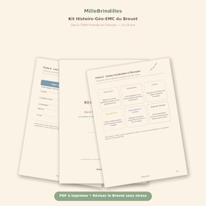May include: A set of educational study sheets titled MilleBrindilles Kit Histoire-Géo-EMC du Brevet for ages 12-14. The pages feature text in French, including Fiche 6 and Fiche 8 with vocabulary cards to cut out, presented on a light cream background.
