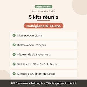 Op de afbeelding: Een digitaal educatief productpakket genaamd MilleBrindilles Pack Brevet met 5 kits voor leerlingen van 12-14 jaar. De lijst bevat Kit Brevet de Maths, Kit Brevet de Français, Kit Anglais du Brevet Vol.1, Kit Histoire-Géo-EMC du Brevet en Méthodo & Gestion du Stress.