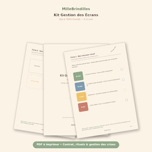 May include: A set of printable documents titled MilleBrindilles Kit Gestion des Écrans, featuring instructional sheets for screen time management. The pages include a visual timer with green, blue, yellow, and red blocks, alongside text and checkboxes.
