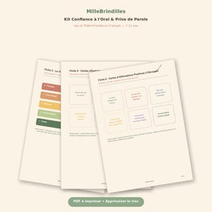 Puede incluir: Un conjunto de tres hojas de actividades educativas titulado MilleBrindilles Kit Confiance à l'Oral & Prise de Parole. Las páginas incluyen gráficos coloridos, tarjetas recortables con texto en francés e instrucciones para niños de 7 a 11 años.