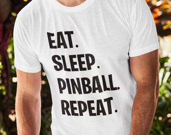 Eat Sleep Pinball Repeat t-shirt verkrijgbaar in 4 kleuren en in de maten XS - XXXL