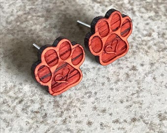 Oorbellen met pootafdruk, handgemaakt van biologisch exotisch padauk-hardhout