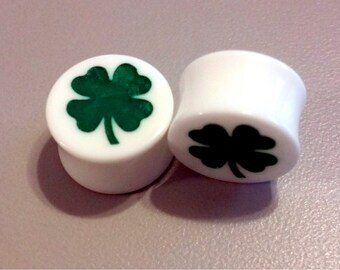 Pair of our Custom &quot;Four Leaf Clover&quot; White Acrylic Plugs  --  Sizes 00g, 1/2&quot;, 9/16&quot;, 5/8&quot;, 3/4&quot;, 7/8&quot;, and 1&quot; available