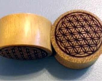 Custom Handmade Organic "Flower of Life" Wood Plugs  -- You choose wood type/color and size 9/16" - 30mm