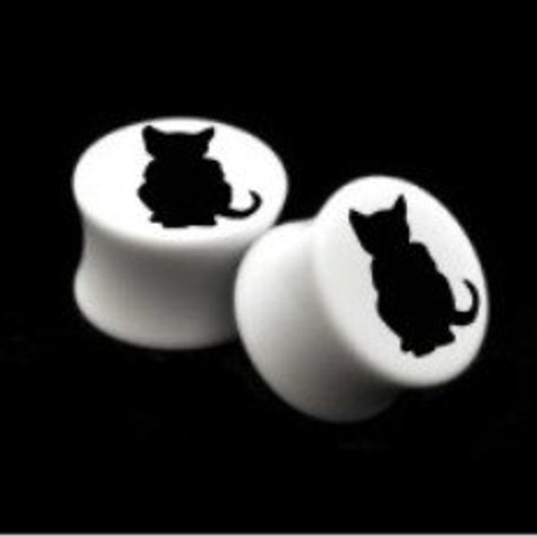 Pair of Custom "Cat" White Acrylic Plugs  --  Sizes  9/16", 5/8", 3/4", 7/8", and 1" available