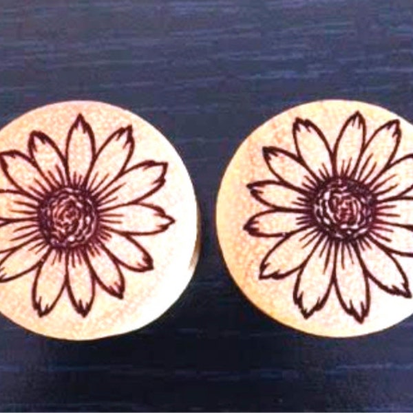 Custom Handmade Organic "SunFlower" Wood Plugs - You choose wood type/color and size 9/16" - 30mm