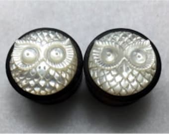 Custom Hand Carved Organic &quot;Owl Head&quot; Black Arang Wood Plugs with Real Mother of Pearl - 00g - 22mm&quot;