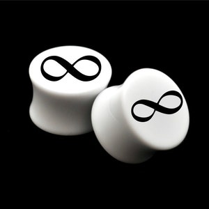 Paire de bouchons acryliques blancs personnalisés « Infinity » - Tailles 00g, 7/16 », 1/2 », 9/16 », 5/8 », 3/4 », 7/8 » et 1 » disponibles