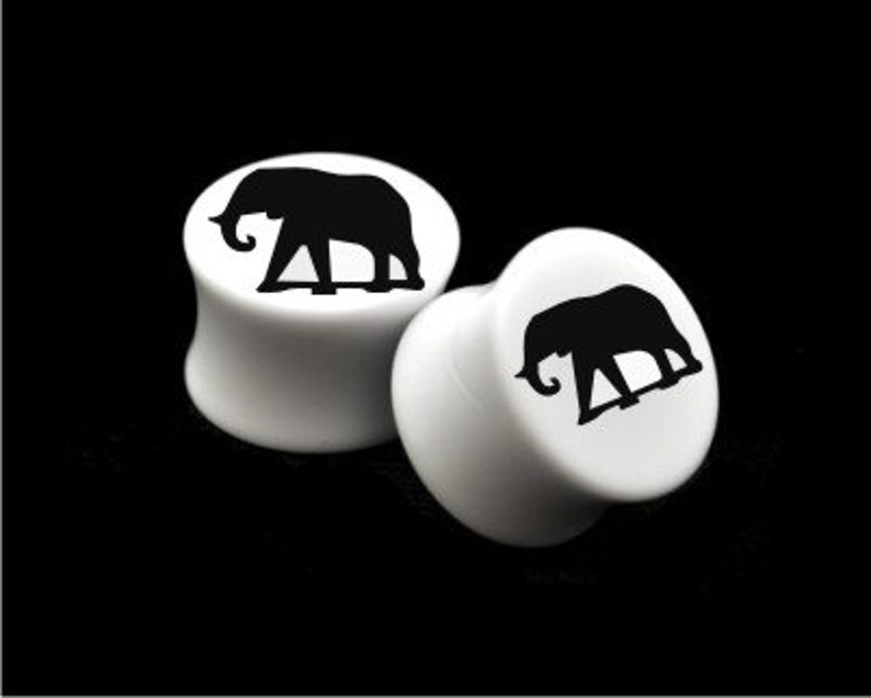 Pair of Custom Elephant White Acrylic Plugs Sizes 00g, 1/2, 9/16, 5/8, 3/4, 7/8, or 1 available image 1