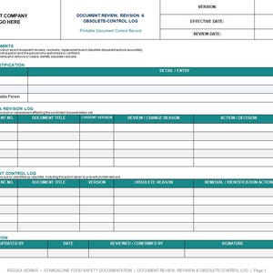 Document Review, Revision & Obsolete-Control Log | Food Safety Document Template