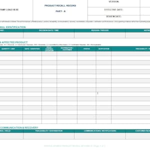 May include: A white document template titled Product Recall Record Part-A with teal headers. It includes sections for Recall Identification, Recall Decision and Affected Product with a grid for data entry, and Recall Control, Communication and Recovery.