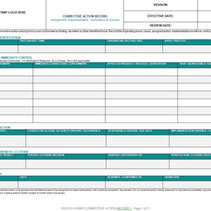 May include: A white corrective action record form with teal headers and black text. The document includes sections for identification, originating finding, cause, verification, and confirmation, with blank rows for data entry and a footer note.