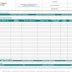 May include: A white and teal traceability and product batch verification record form with sections for site identification, batch records, verification follow-up, and record confirmation, featuring a header for company logo and document versioning.