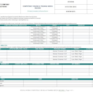 Könnte beinhalten: Eine weiße Dokumentvorlage mit dem Titel Competency Review & Training Needs Record und türkisfarbenen Kopfzeilen. Sie enthält Abschnitte für Kompetenzprüfung, Schulungsbedarf, regelmäßige Matrixüberprüfung und Management-Freigabe.