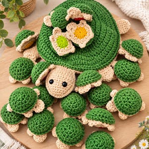 Puede incluir: Una tortuga grande de ganchillo verde con cabeza beige y ojos negros, cuyo caparazón sirve de base para muchas tortugas pequeñas de ganchillo en verde y beige. Las tortugas pequeñas tienen detalles en amarillo, verde lima y rojo.