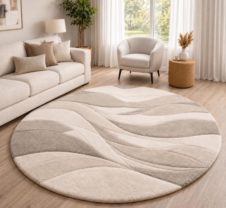 Luxury Round Area Rug, Ivory Circle Rug, Concentric Ring Wool Rug ...