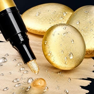 May include: A black and gold applicator pen with a metallic gold tip, positioned next to three smooth, round, gold-colored stones. The surface features a textured, light beige, feather-shaped element covered in clear water droplets.