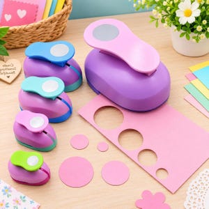 May include: A set of four purple craft paper punches in graduated sizes, each featuring a colored lever top and a circular base. The punches are arranged alongside a strip of pink cardstock with several circular cutouts and loose paper circles.