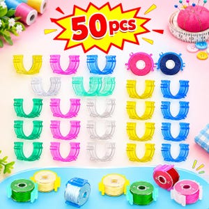 May include: A set of 50 pieces including U-shaped plastic bobbin clips in yellow, pink, blue, green, and clear, along with several metal sewing machine bobbins wound with colorful thread, a pink pincushion, and a white measuring tape.