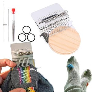 May include: A darning loom kit featuring a metal weaving tool with a round wooden base, three black rubber bands, a long metal needle, and a clear plastic tube containing multiple sewing needles. A grey sock is shown being repaired with rainbow thread.