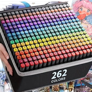 May include: A black carrying case containing 262 colored markers arranged in a grid. Each marker cap is color-coded and labeled with a number and color name. The case features a zipper closure and the text 262 COLORS printed on the front side.
