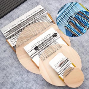 May include: A set of three darning looms of varying sizes, each featuring a rectangular metal plate with numerous wire hooks attached to a circular wooden base. A circular inset shows a close-up of blue and brown yarn woven through the metal hooks.