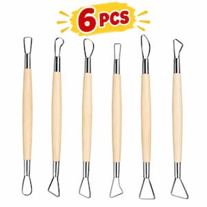 May include: A set of 6 pieces of clay sculpting tools with light-colored wooden handles and silver metal wire loops at both ends. Each tool features different wire loop shapes, including rounded, triangular, and rectangular wire configurations.