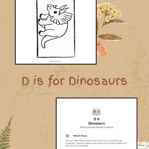 May include: A printable educational activity sheet titled Dinosaur Explorer - Collage with a triceratops line drawing, and a second sheet titled D d Dinosaurs featuring nature-based learning objectives, outdoor activity prompts, and the NewForestLearn logo.