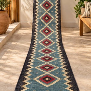 Handwoven Teal Kilim Runner Rug, Boho Tribal Geometric Hallway Rug, Red Diamond Wool Flatweave Runner, Rustic Entryway Decor, Long Runner