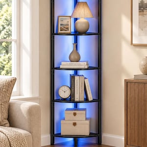 May include: A tall, black, five-tier corner shelf unit featuring integrated blue LED lighting along the back edges. The shelves hold various decorative items, including a camera, a table lamp, a vase, books, a clock, and two stacked boxes.