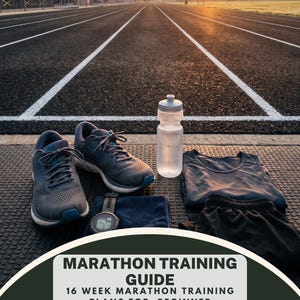 Pode incluir: Um par de tênis de corrida cinza, uma garrafa de água de plástico transparente, uma regata preta, shorts pretos e um relógio digital em uma pista. Texto: MARATHON TRAINING GUIDE 16 WEEK MARATHON TRAINING PLANS FOR BEGINNER INTERMEDIATE ADVANCE RUNNERS VELORA