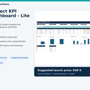 May include: A digital Project KPI Dashboard Lite spreadsheet template for Microsoft Excel. The interface features a dark blue header, a data table with rows and columns, and four bar charts visualizing project progress, health, and status metrics.