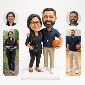 May include: A custom bobblehead figurine featuring two figures standing on a white base. One figure has dark hair in a braid, wears glasses, a black shirt, and holds a camera. The other figure has a beard, wears a navy polo, and holds a basketball.