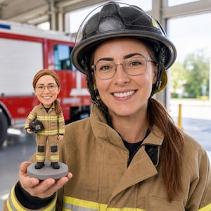 May include: A custom bobblehead figurine depicting a firefighter wearing a tan uniform with yellow reflective stripes, glasses, and a black helmet. The figurine stands on a circular gray base and is held in a hand, mirroring the appearance of the person.